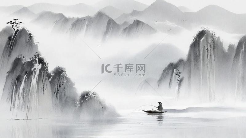 冬天国风水墨山水孤舟蓑笠翁独钓寒江雪诗词背景图片免费下载_/高清大图
