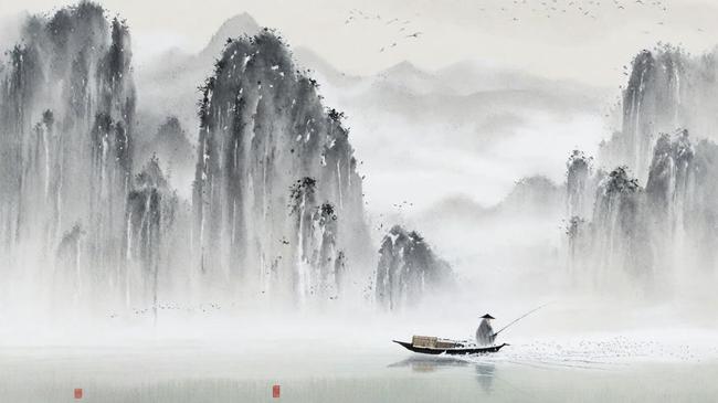 水墨画　独釣寒江雪 柳宗元《江雪》宛如一幅中国水墨风景画：千山鸟飞绝,万径人踪灭,孤舟