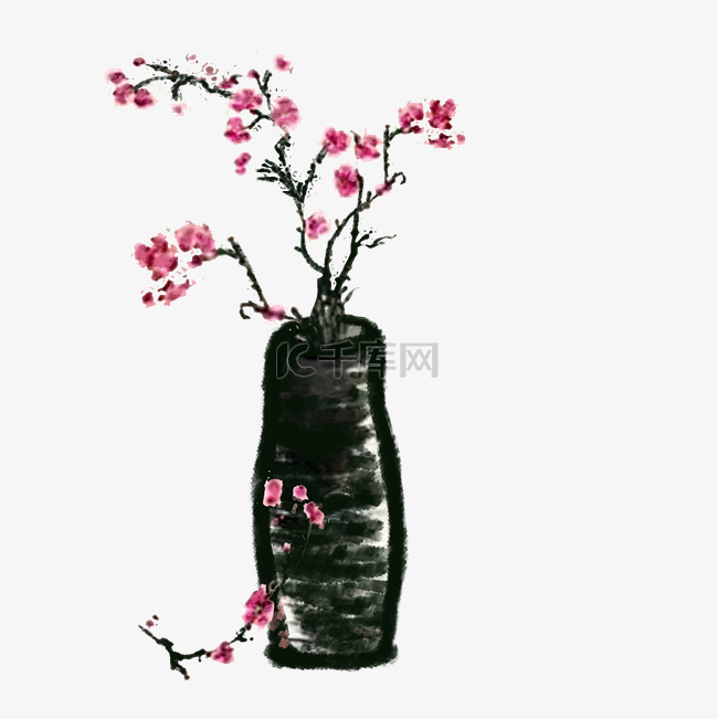 水墨画 花瓶の花 手绘中国风花瓶桃花枝水墨画PNG素材图片免费下载_高清卡通手绘psd_千库