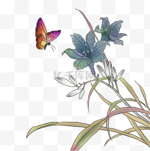 中国水墨蝶恋花国画工笔花鸟鸢尾花蝴蝶素材图片免费下载_高清卡通手绘