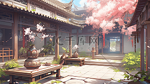 中式场景古风治愈身心中式庭院插画图片-千库网